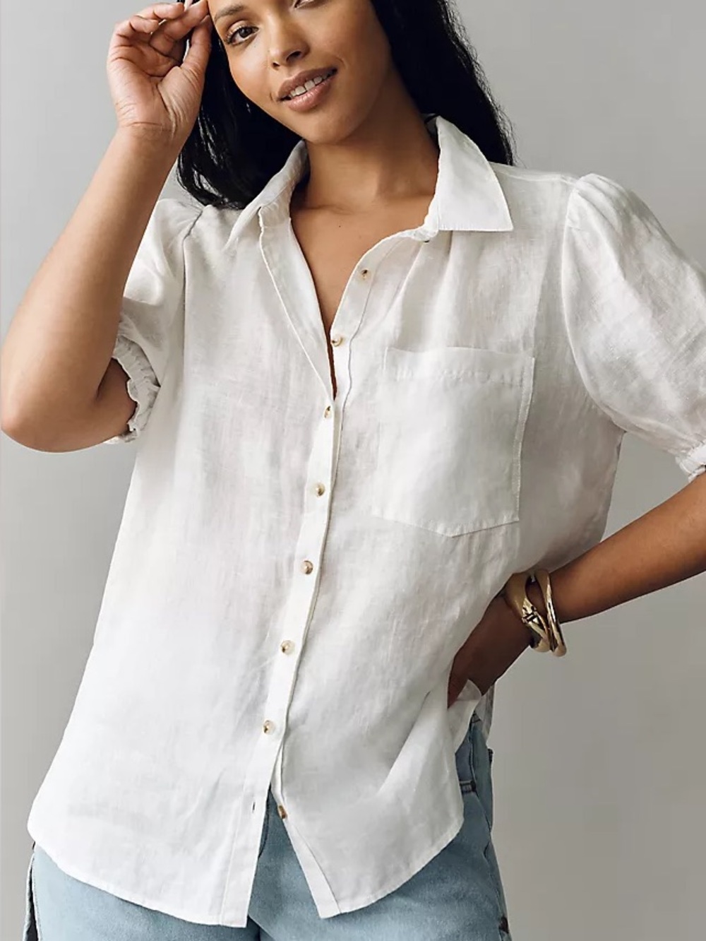 Pilcro Aly Puff sleeve White Linen Button-Front Shirt